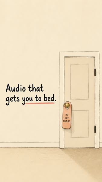 This ad promotes audio designed to help the audience fall asleep, through a visual of a bedroom door with a 'Do not 