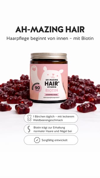 This image ad showcases Ah-mazing Hair Vitamin Biotin gummies, emphasizing their role in hair care from within. It highl