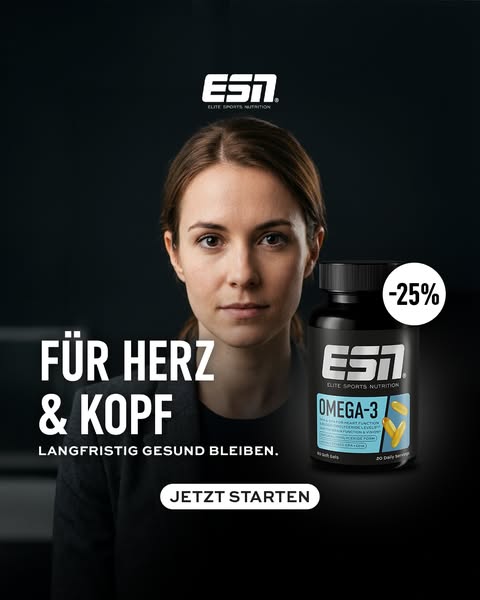This image ad is for ESN (Elite Sports Nutrition) Omega-3 supplement. It features an image of a woman, along with a bott
