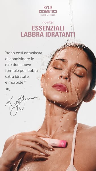 This Kylie Cosmetics ad features Kylie Jenner promoting the brand's hydrating lip balm. Water cascades over Kylie as
