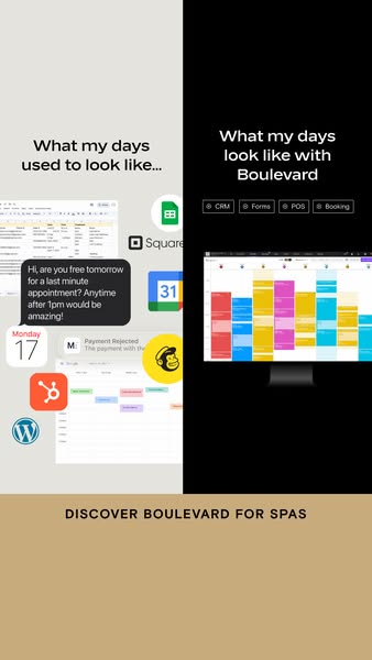 This ad for Boulevard for spas uses a split screen design to visually show how the featured software improves scheduling