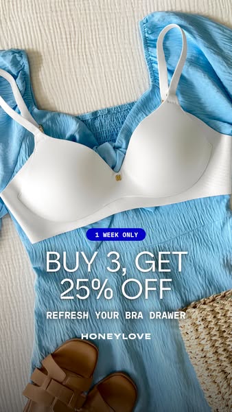 The ad features a Honeylove bra and promotes a limited-time offer to buy 3 and get 25% off.
