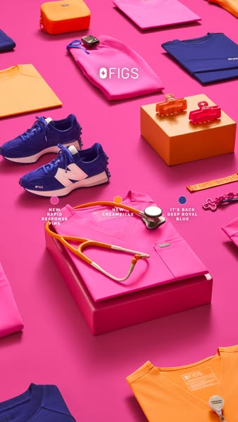 This ad showcases various FIGS scrubs and accessories, highlighting new colors and design features.