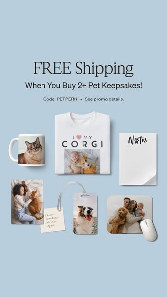 The ad promotes the brand's option of buying multiple pet keepsakes with free shipping and a coupon code.