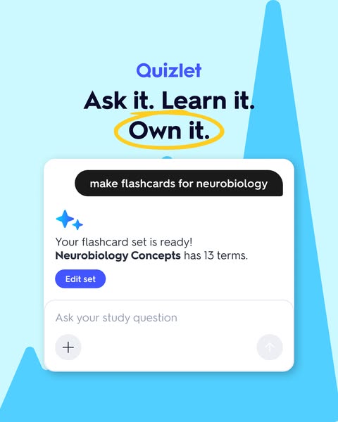 This image ad for Quizlet features a light blue background with a large, triangular, light blue shape on the right side.