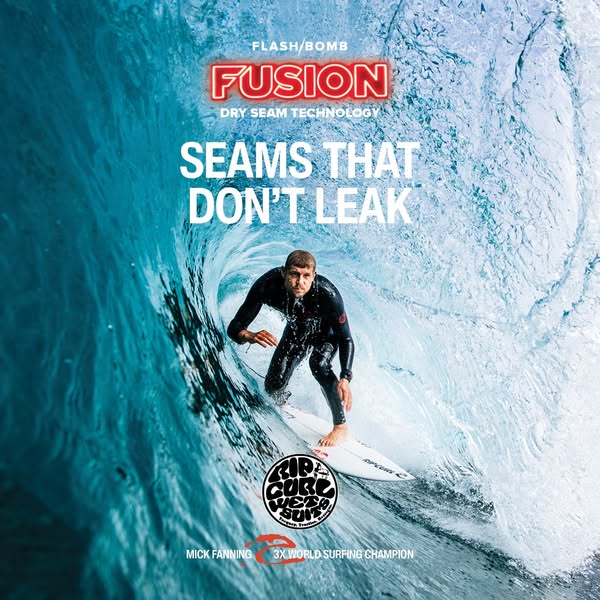 This image ad highlights the seam technology of Rip Curl wetsuits. The ad emphasizes that the 'Flashbomb Fusion'