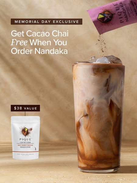 This ad promotes Nandaka and advertises that you get Cacao Chai for free when you order Nandaka. There's a glass fil