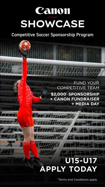 This ad promotes the Canon Showcase Competitive Soccer Sponsorship Program and highlights the opportunity for teams in t