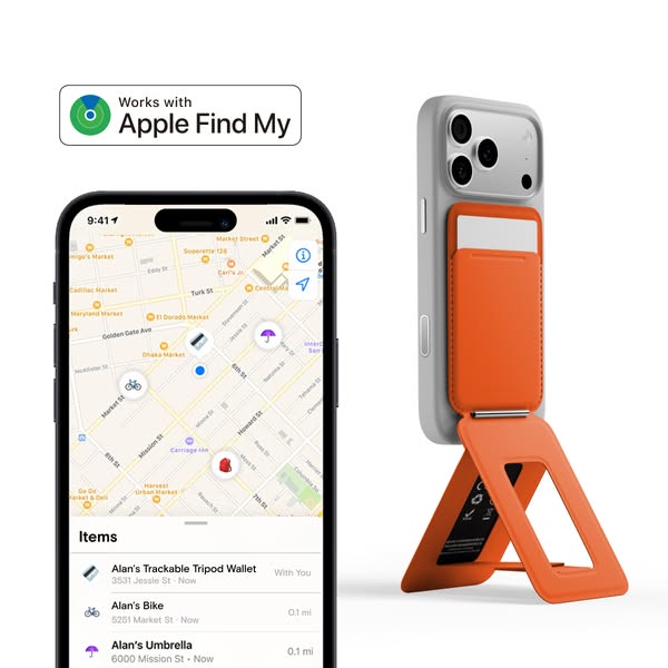This image ad showcases a phone case with a built-in stand and wallet feature, highlighting its compatibility with Apple
