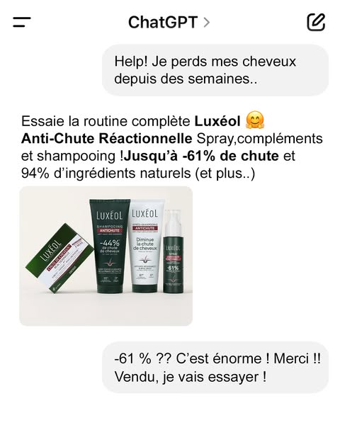The ad presents a screenshot of a conversation in a messaging app. The first message states they have been losing hair f