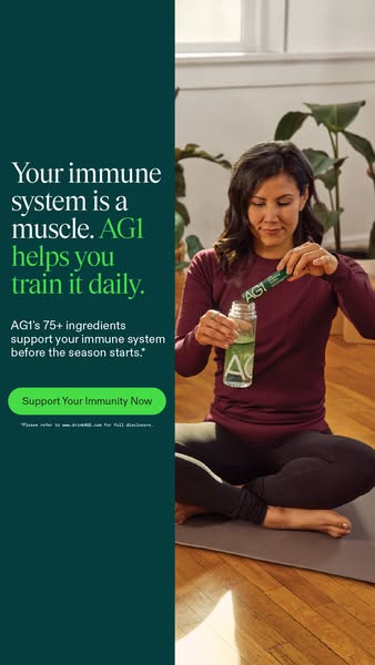 This ad uses the phrase "Your immune system is a muscle. AG1 helps you train it daily." and a real life person