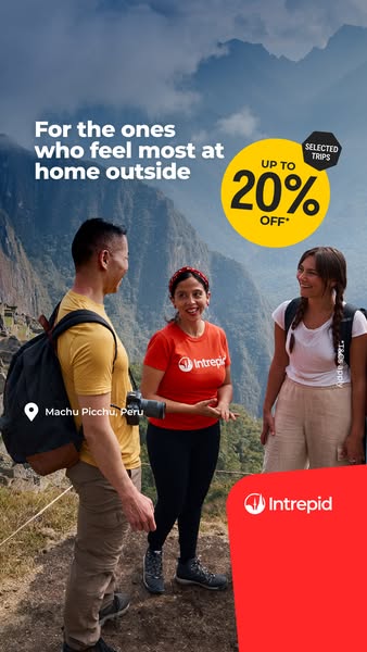 This image ad for Intrepid promotes trips for people who feel at home outside. It features an outdoor scene with three p