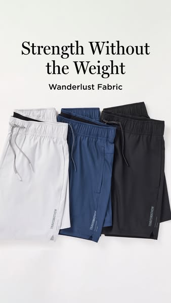 This ad showcases three pairs of TRAVISMATHEW brand shorts in different colors, emphasizing the lightweight nature of th