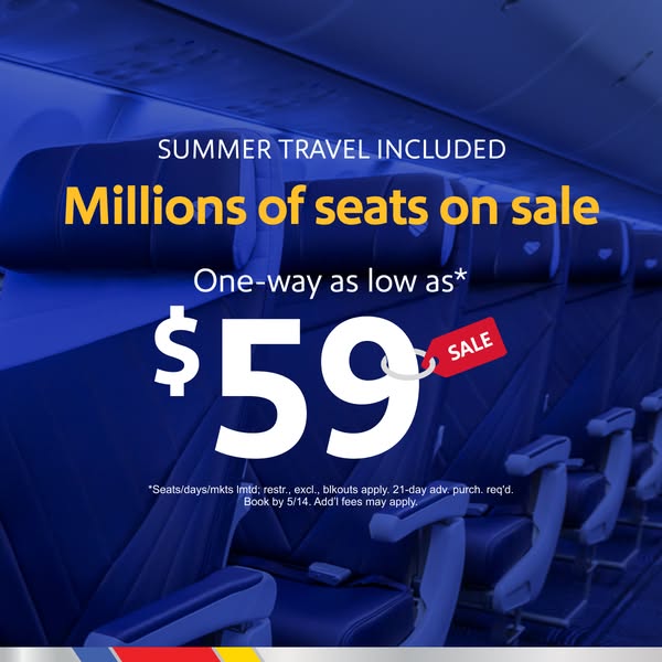 This ad announces a sale on airline seats for summer travel, offering one-way tickets for as low as $59. The ad uses a v