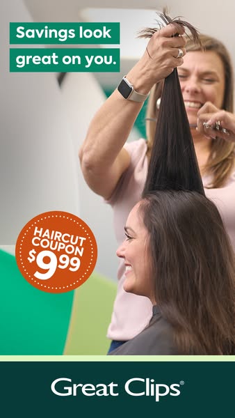 This ad for Great Clips features a customer getting a haircut, and advertises a haircut coupon for $9.99.