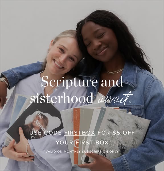 This ad features two women embracing and holding multiple boxes of the advertised subscription box service. A code is pr