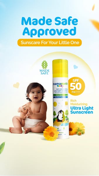 The image is for a baby sunscreen product. It includes an image of a baby as well as the sunscreen product and highlight