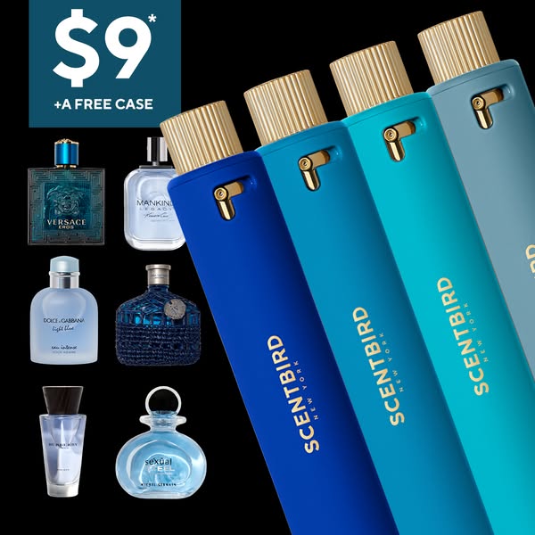 This image ad promotes Scentbird, a fragrance subscription service, by showcasing their sleek perfume dispensers alongsi
