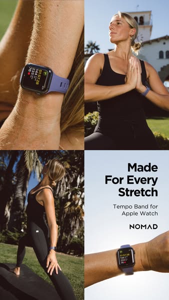 This ad features an Apple Watch with a Nomad brand watch band, highlighting its suitability for active lifestyles and em