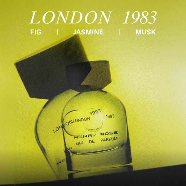 This image ad showcases Henri Rose's London 1983 perfume with descriptions of the scent's notes: fig, jasmine an