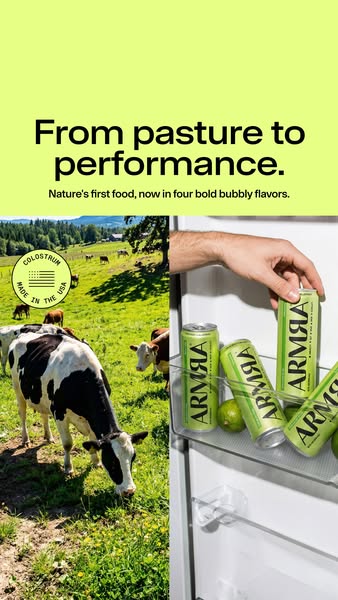 The ad juxtaposes the origins of ARMRA colostrum drinks with their end use. On the left, there is a vibrant scene of cow