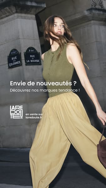 This image ad for Laredoute features a model in an olive green top and light yellow pants, with the headline "Envie