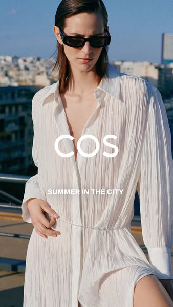 This image ad showcases a model wearing a flowing white dress, suggesting a blend of sophistication and comfort suitable