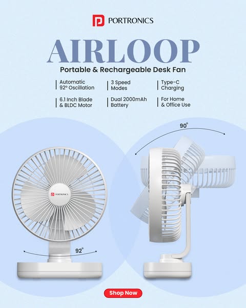 This image ad showcases the features of the Portronics Airloop portable desk fan. The ad highlights its portability, rec