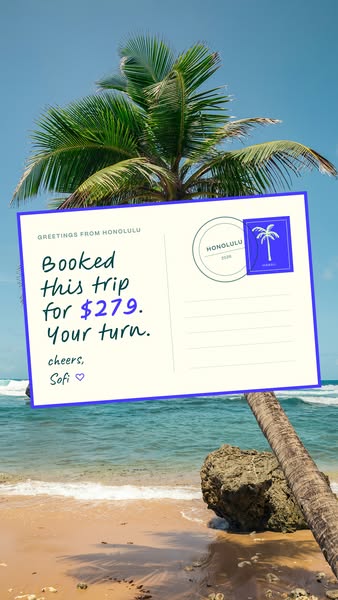 This Meta image ad uses a customer-style testimonial in the form of a digital postcard to promote a discount travel offe