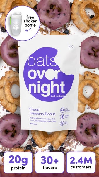 This ad promotes Oats Over Night, specifically the Glazed Blueberry Donut flavor. The ad highlights the product's hi
