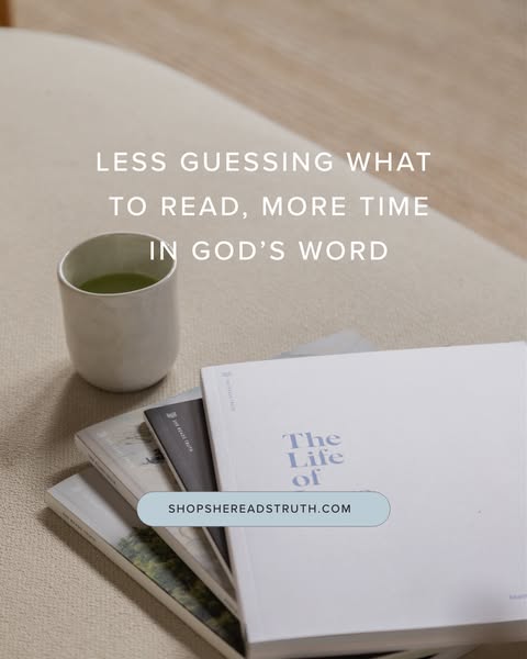 This ad for She Reads Truth features a stack of books, a cup, and the copy, "Less guessing what to read, more time 