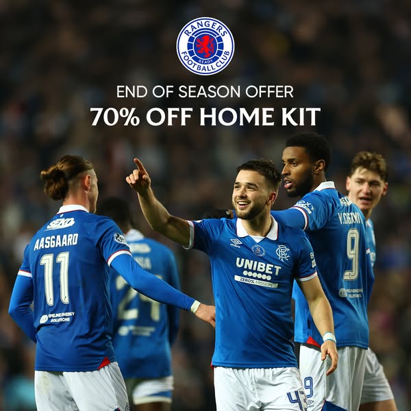 This image ad promotes the Rangers Football Club's home kit with a 70% off end-of-season offer. The ad features four