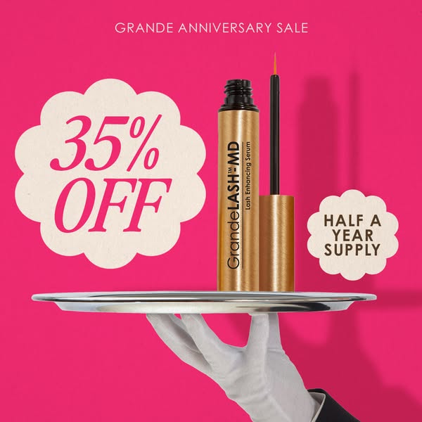 This ad showcases GrandeLASH™ MD Lash Enhancing Serum, offering a 35% discount as part of the Grande Anniversary Sale, a