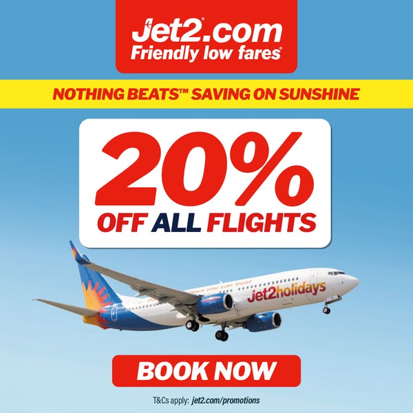 This ad promotes Jet2.com and Jet2holidays, offering a 20% discount on all flights. It features an airplane in flight ag