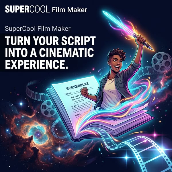 This ad promotes SuperCool Film Maker software, designed to transform scripts into cinematic experiences. The ad feature
