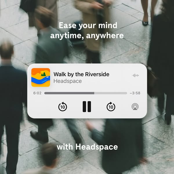 This ad for Headspace features a music-player style module with the song name 'Walk by the Riverside' overlaid o