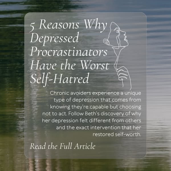 An image ad promoting an article titled '5 Reasons Why Depressed Procrastinators Have the Worst Self-Hatred'. Th