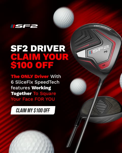 The ad promotes the SF2 Driver with the claim that it can square your face for you. It features the SF2 Driver itself, t