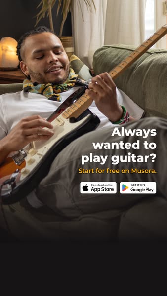 The ad for Musora features a man lying on a couch playing an electric guitar. The ad asks the viewer if they have always