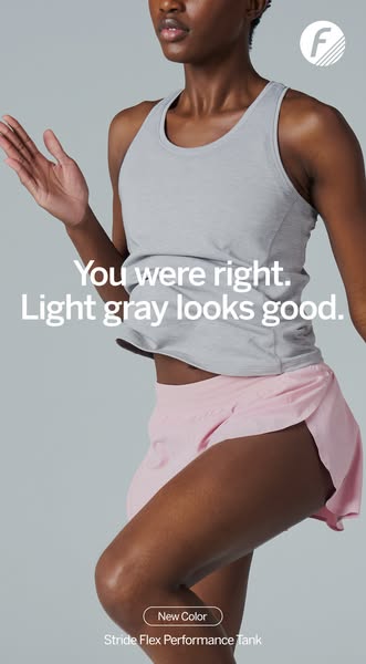 This ad features a woman wearing a light gray 'Stride Flex Performance Tank' with a text overlay that reads '