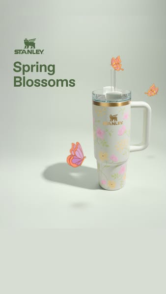 This ad promotes Stanley's 'Spring Blossoms' floral-patterned quencher. The ad features a single product sho