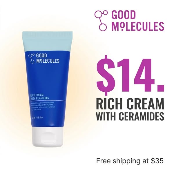 This image ad for Good Molecules promotes its Rich Cream with Ceramides, highlighting its affordability and free shippin
