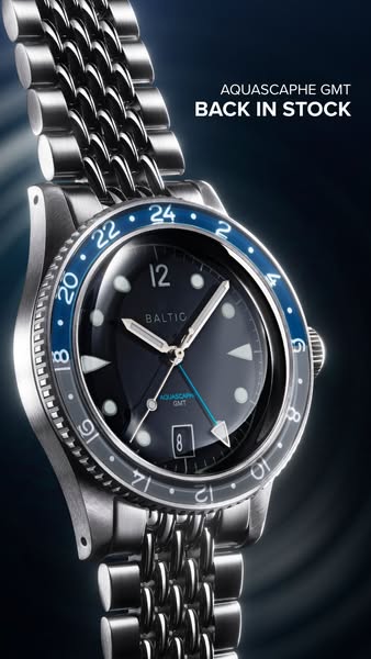 This ad showcases the Baltic Aquascaphe GMT watch and announces that it is back in stock.