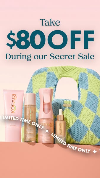This ad from Kopari promotes a limited-time secret sale, offering $80 off. It features four different skincare products 