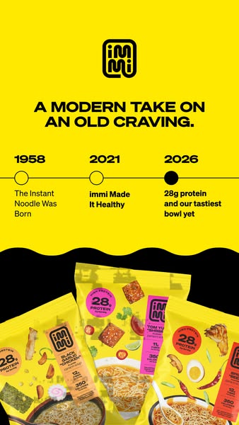 The image is for an ad promoting immi, a brand of healthy instant noodles. The ad features a timeline showing the evolut