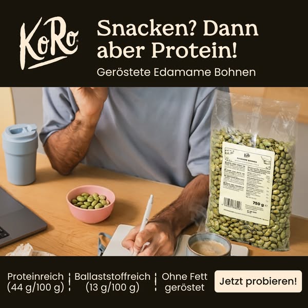 This ad promotes KoRo's roasted edamame beans as a protein-rich snack. The ad features an image of someone working a
