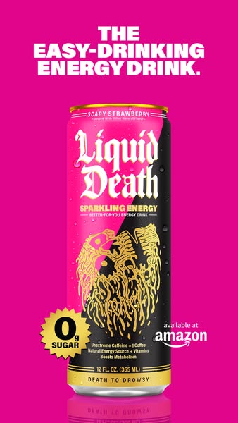 This ad promotes Liquid Death's Scary Strawberry flavor sparkling energy drink. The ad highlights that the drink is 