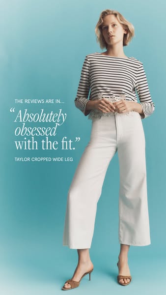 This ad features a photo of a model wearing the Taylor Cropped Wide Leg Jeans. Text overlays praise the fit of the jeans