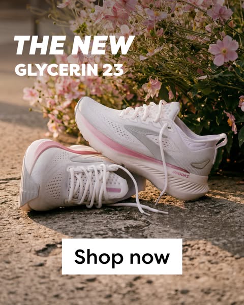 This ad showcases the new Glycerin 23 running shoes by Brooks. The image features a pair of the shoes positioned on a st