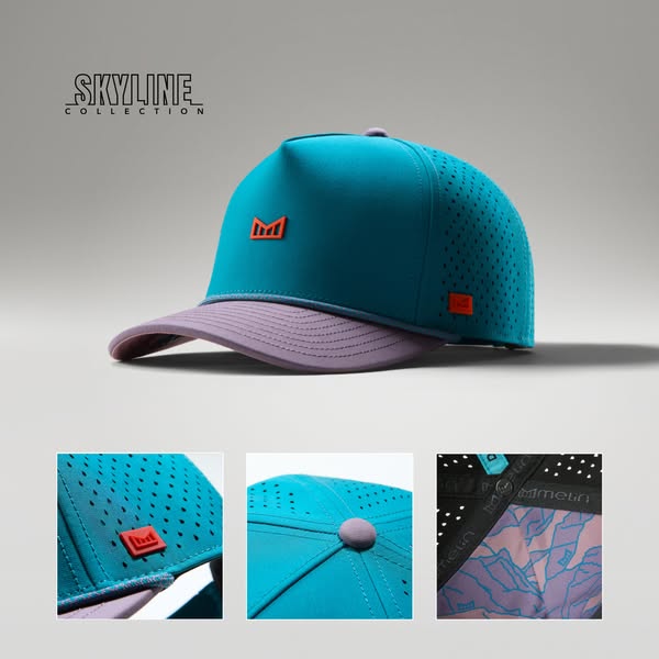This ad showcases a hat from the "Skyline Collection." It features a close-up studio shot with three inset ima